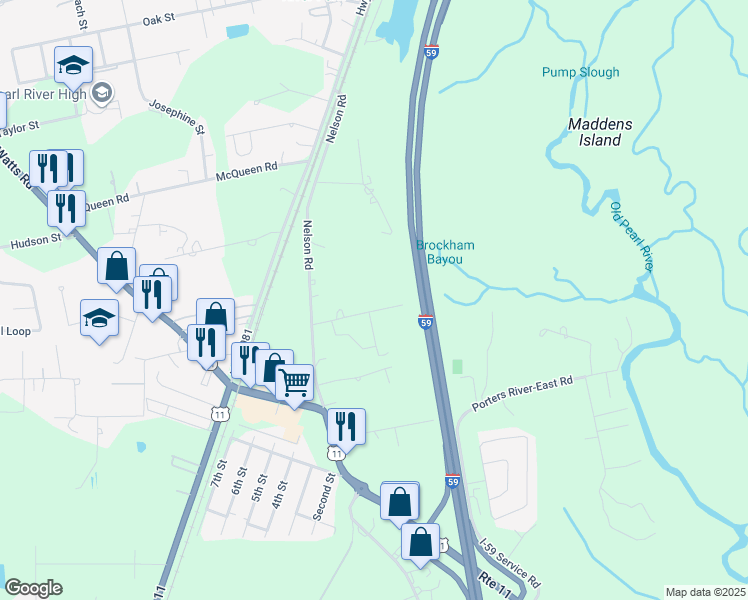 map of restaurants, bars, coffee shops, grocery stores, and more near 29 Lewis Lane in Pearl River