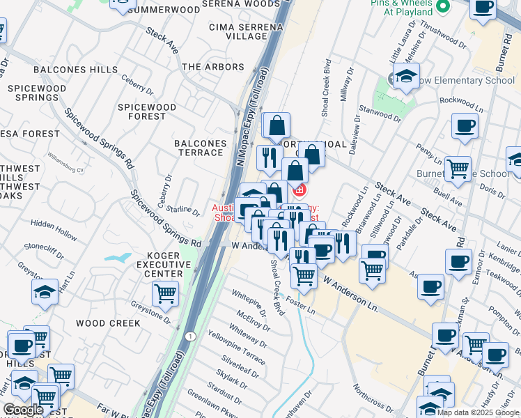 map of restaurants, bars, coffee shops, grocery stores, and more near 7942 Great Northern Boulevard in Austin