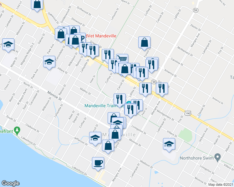 map of restaurants, bars, coffee shops, grocery stores, and more near 751 Carroll Street in Mandeville
