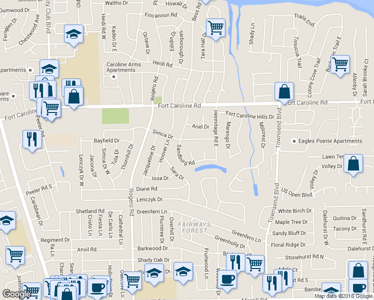 map of restaurants, bars, coffee shops, grocery stores, and more near 3540 Bran Court West in Jacksonville