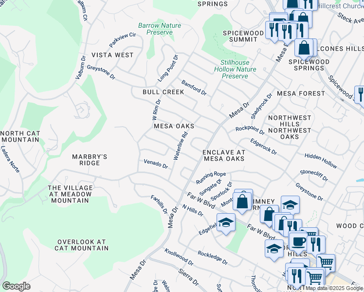 map of restaurants, bars, coffee shops, grocery stores, and more near 7211 Waterline Road in Austin