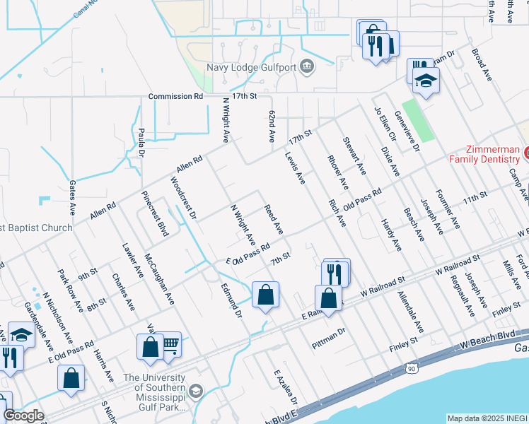 map of restaurants, bars, coffee shops, grocery stores, and more near 213 Reed Avenue in Long Beach