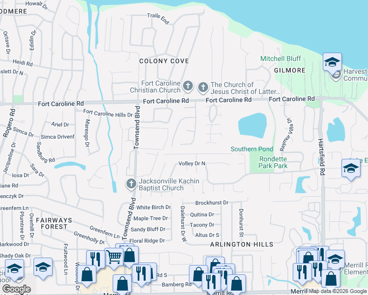 map of restaurants, bars, coffee shops, grocery stores, and more near 7299 Lawn Tennis Lane in Jacksonville
