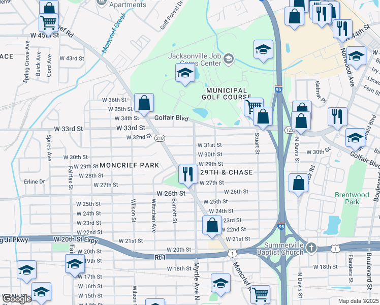 map of restaurants, bars, coffee shops, grocery stores, and more near 1311 West 30th Street in Jacksonville