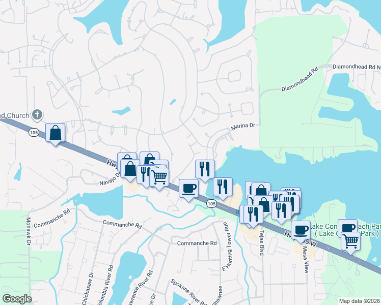 map of restaurants, bars, coffee shops, grocery stores, and more near 114 Golfview Court in Montgomery