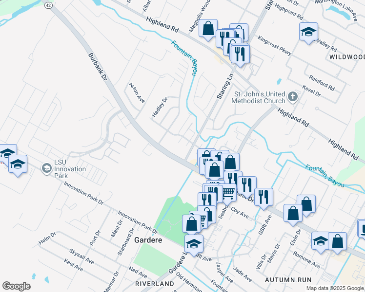 map of restaurants, bars, coffee shops, grocery stores, and more near 8036 Bayou Fountain Avenue in Baton Rouge