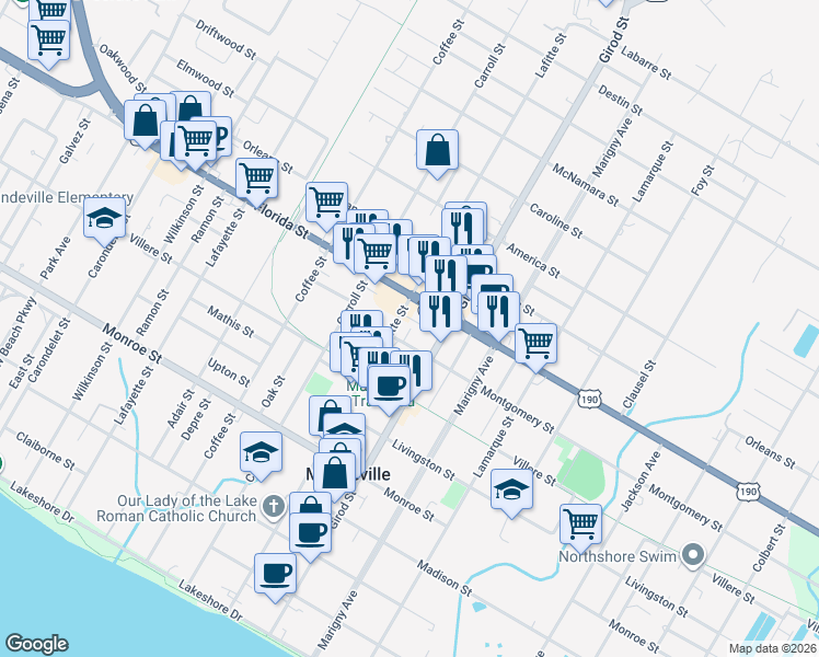 map of restaurants, bars, coffee shops, grocery stores, and more near 824 Trace Court in Mandeville