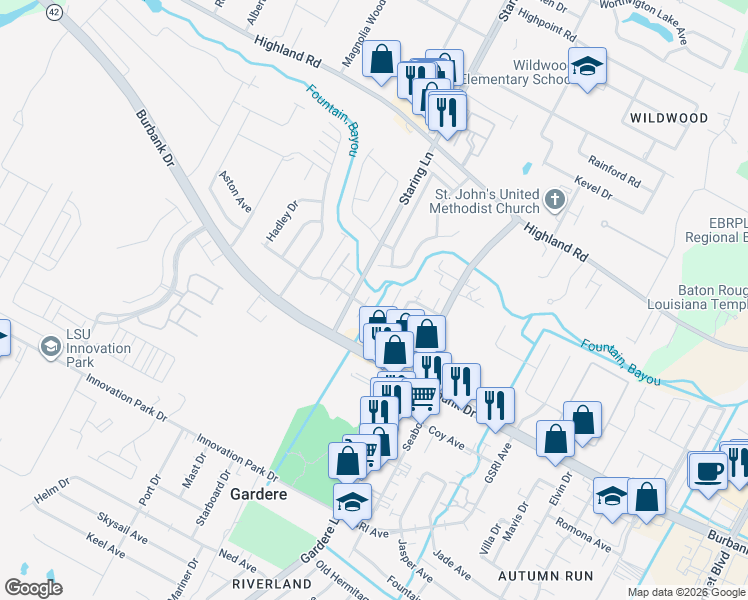 map of restaurants, bars, coffee shops, grocery stores, and more near 8165 Bayou Fountain Avenue in Baton Rouge