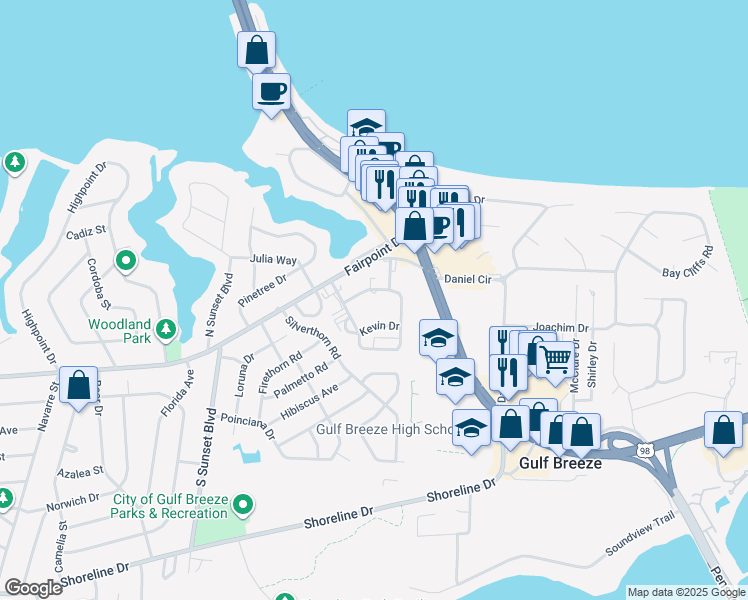map of restaurants, bars, coffee shops, grocery stores, and more near 75 Nightingale Lane in Gulf Breeze