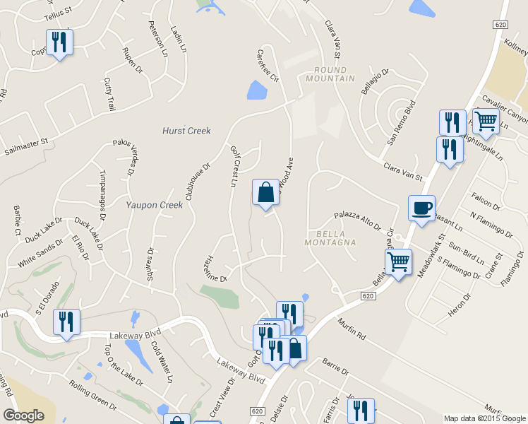 map of restaurants, bars, coffee shops, grocery stores, and more near 104 Mineola Court in Lakeway