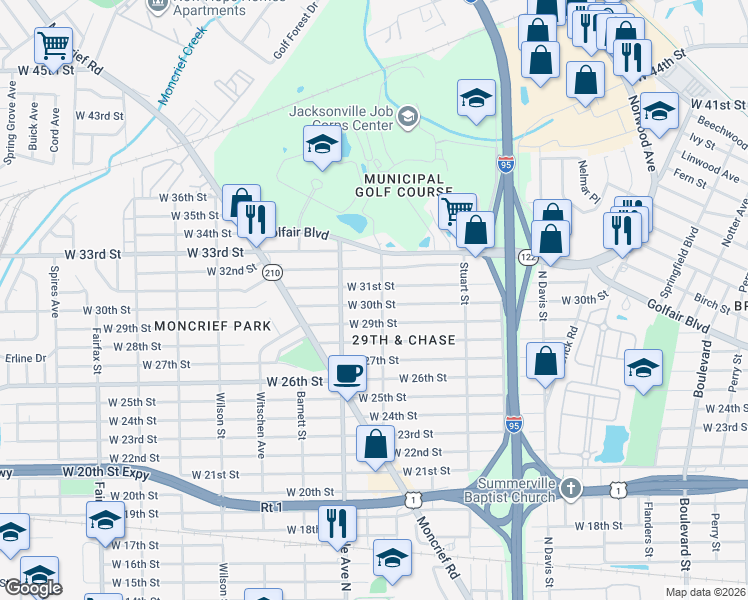 map of restaurants, bars, coffee shops, grocery stores, and more near 1258 West 30th Street in Jacksonville