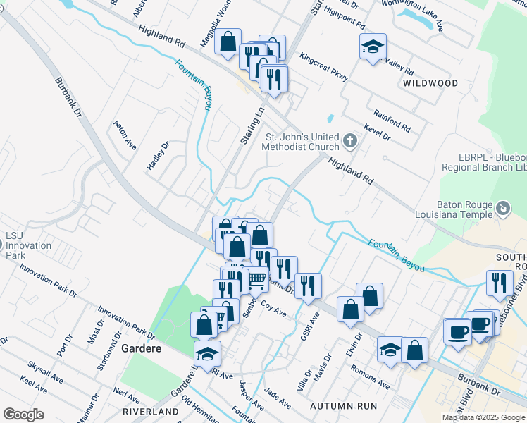 map of restaurants, bars, coffee shops, grocery stores, and more near 8433 Governor Drive in Baton Rouge