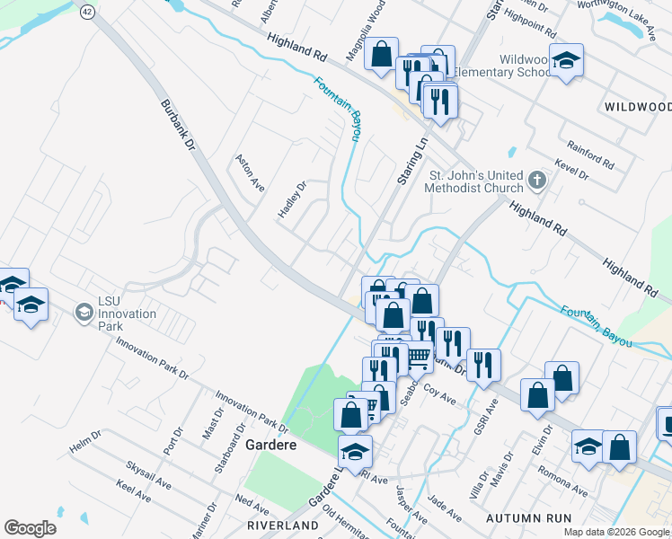 map of restaurants, bars, coffee shops, grocery stores, and more near 8036 Bayou Fountain Avenue in Baton Rouge