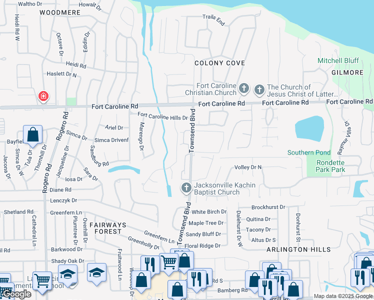 map of restaurants, bars, coffee shops, grocery stores, and more near in Jacksonville
