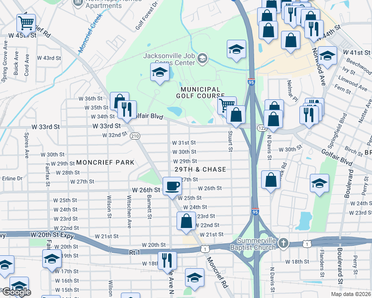 map of restaurants, bars, coffee shops, grocery stores, and more near 1258 West 30th Street in Jacksonville