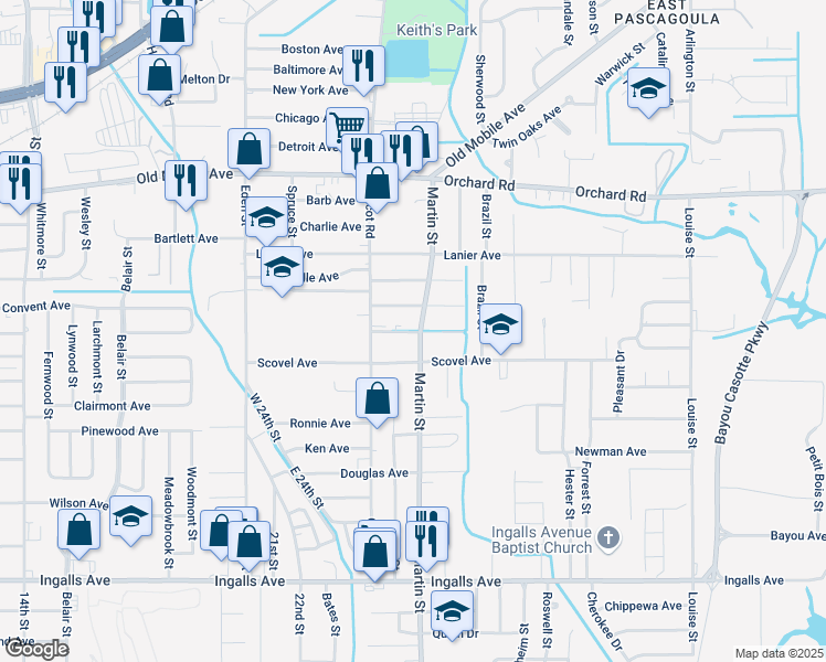 map of restaurants, bars, coffee shops, grocery stores, and more near 3708 Snook Avenue in Pascagoula