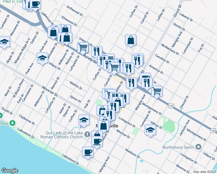 map of restaurants, bars, coffee shops, grocery stores, and more near 751 Carroll Street in Mandeville