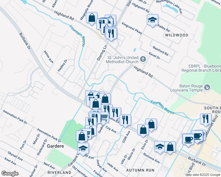 map of restaurants, bars, coffee shops, grocery stores, and more near 8457 Bayou Fountain Avenue in Baton Rouge