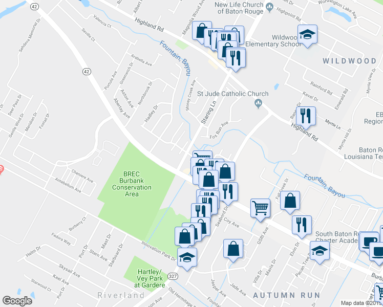 map of restaurants, bars, coffee shops, grocery stores, and more near in East Baton Rouge Parish