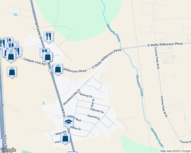 map of restaurants, bars, coffee shops, grocery stores, and more near 1 Ridgeway Drive in Conroe