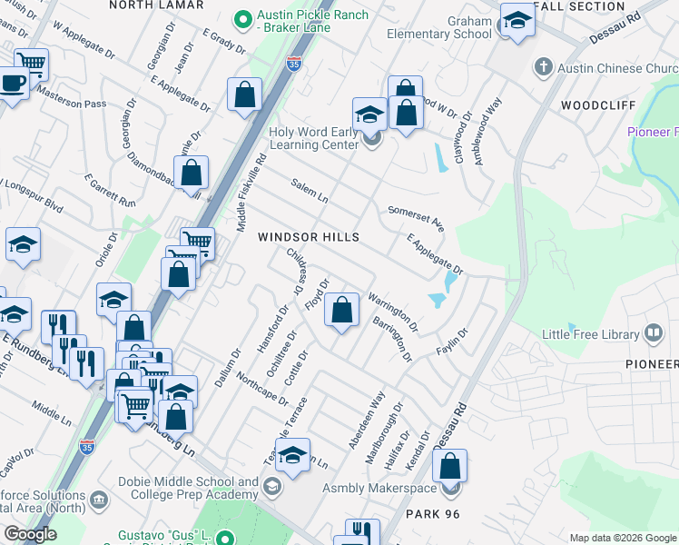 map of restaurants, bars, coffee shops, grocery stores, and more near 1104 Warrington Drive in Austin