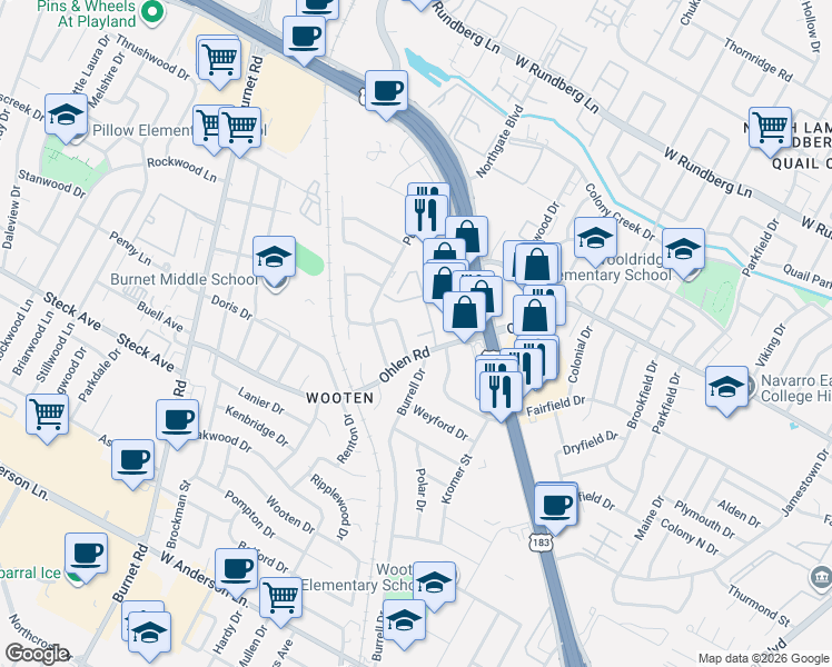 map of restaurants, bars, coffee shops, grocery stores, and more near 8505 Spearman Drive in Austin