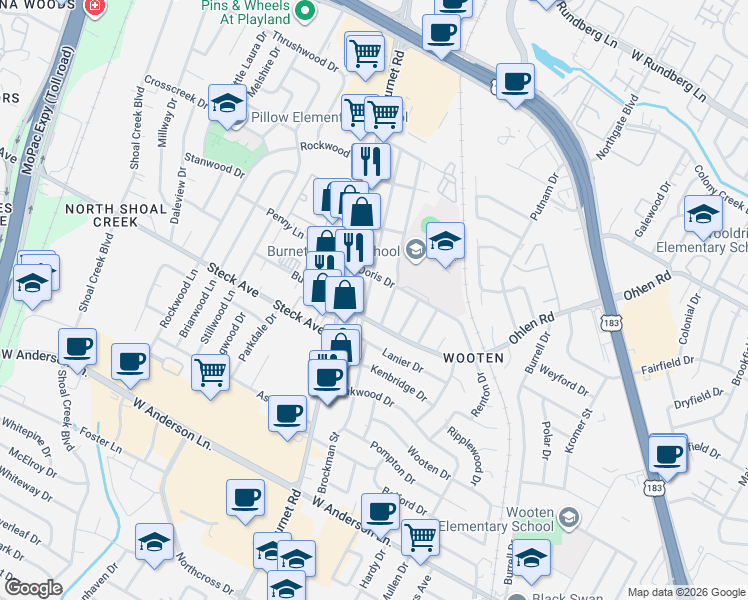map of restaurants, bars, coffee shops, grocery stores, and more near 8302 Bowling Green Drive in Austin