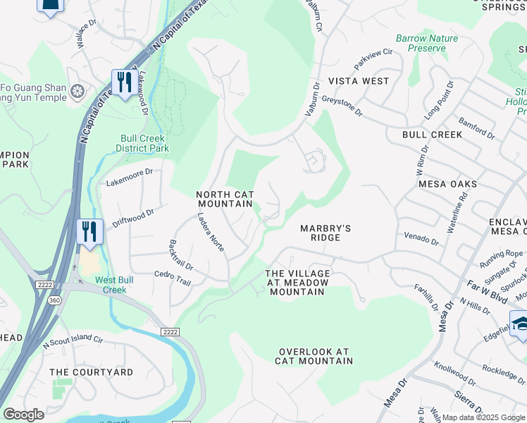 map of restaurants, bars, coffee shops, grocery stores, and more near 6802 Puma Trail in Austin
