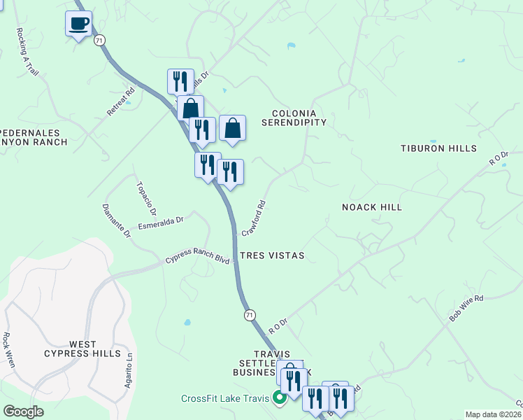 map of restaurants, bars, coffee shops, grocery stores, and more near 4519 Crawford Road in Spicewood