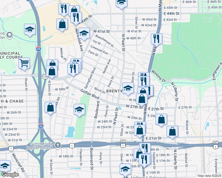 map of restaurants, bars, coffee shops, grocery stores, and more near 354 Woodbine Street in Jacksonville