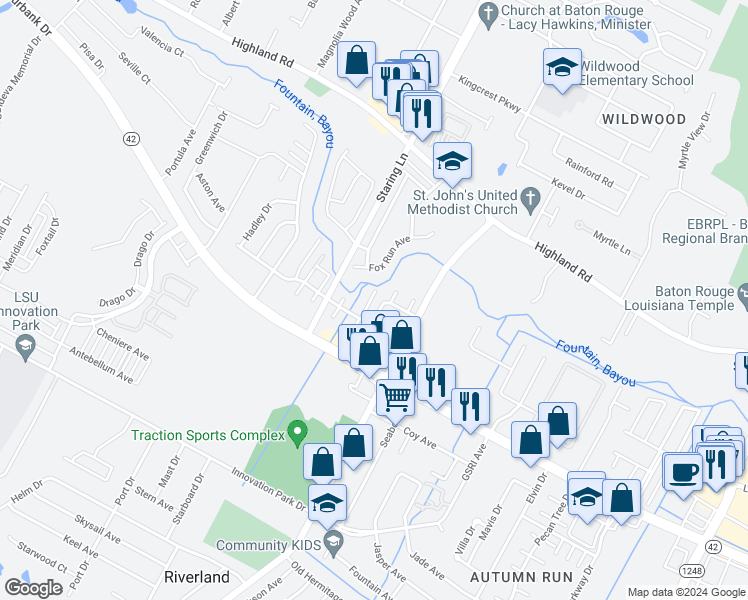 map of restaurants, bars, coffee shops, grocery stores, and more near 8273 Bayou Fountain Avenue in Baton Rouge