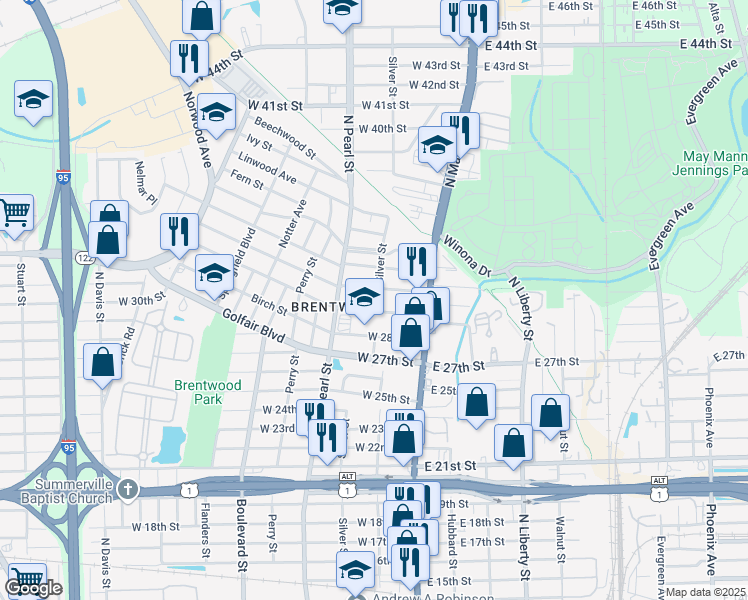map of restaurants, bars, coffee shops, grocery stores, and more near 3816 Main Street North in Jacksonville