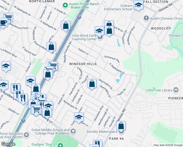 map of restaurants, bars, coffee shops, grocery stores, and more near 1104 Warrington Drive in Austin