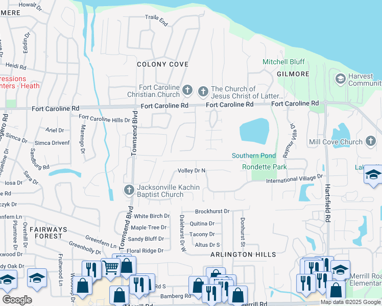 map of restaurants, bars, coffee shops, grocery stores, and more near 3565 Caroline Vale Boulevard in Jacksonville