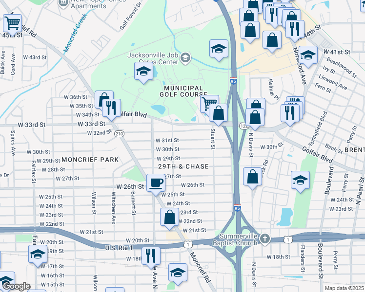 map of restaurants, bars, coffee shops, grocery stores, and more near 1195 West 30th Street in Jacksonville