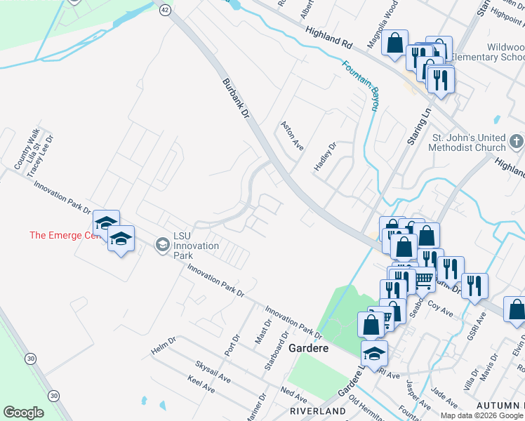 map of restaurants, bars, coffee shops, grocery stores, and more near 8103 Stonelake Avenue in Baton Rouge