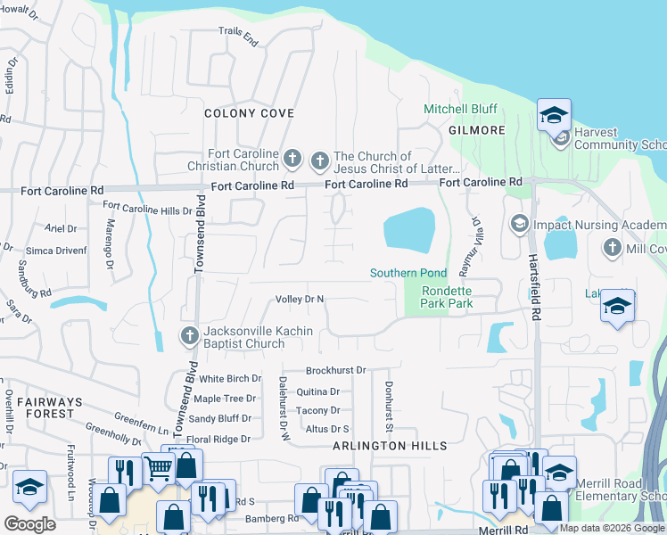 map of restaurants, bars, coffee shops, grocery stores, and more near 7421 Lawn Tennis Lane in Jacksonville