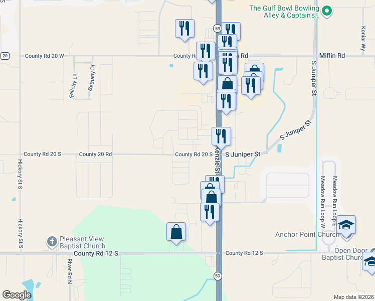 map of restaurants, bars, coffee shops, grocery stores, and more near 19861-19999 County Road 20 South in Foley