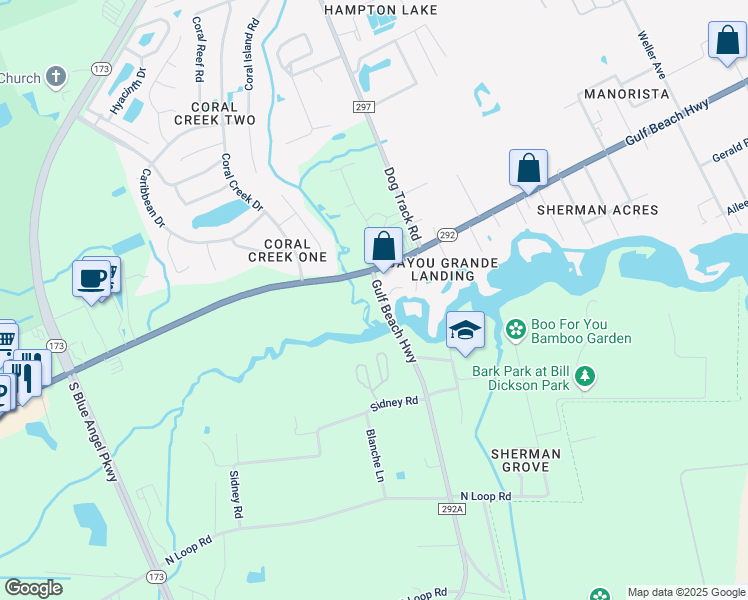 map of restaurants, bars, coffee shops, grocery stores, and more near 9200 Gulf Beach Highway in Pensacola