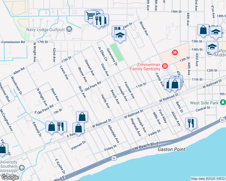 map of restaurants, bars, coffee shops, grocery stores, and more near 1218 Beach Avenue in Gulfport