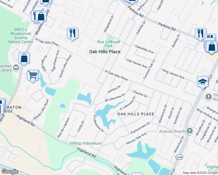 map of restaurants, bars, coffee shops, grocery stores, and more near 1085 Amiens Drive in Baton Rouge