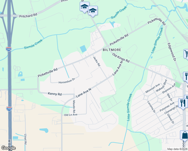 map of restaurants, bars, coffee shops, grocery stores, and more near 5920 Retha Road in Jacksonville