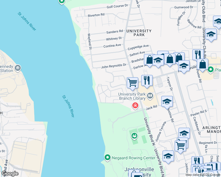 map of restaurants, bars, coffee shops, grocery stores, and more near 5342 Fort Caroline Road in Jacksonville