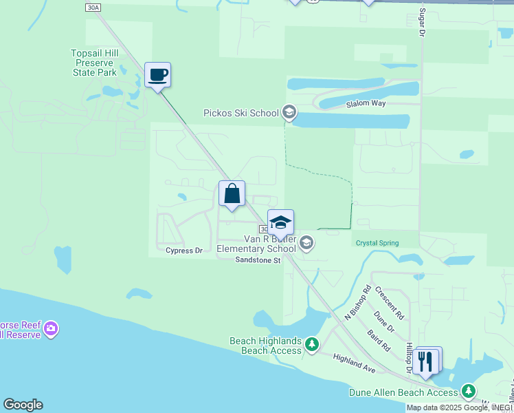 map of restaurants, bars, coffee shops, grocery stores, and more near 6904 West County Highway 30A in Santa Rosa Beach
