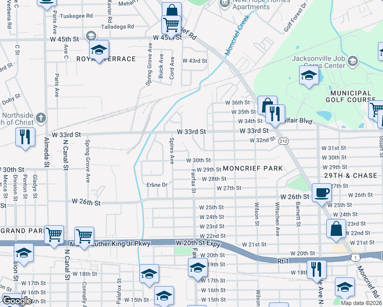 map of restaurants, bars, coffee shops, grocery stores, and more near 4014 Fairfax Street in Jacksonville