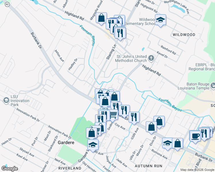 map of restaurants, bars, coffee shops, grocery stores, and more near 8271-4 Bayou Fountain Avenue in Baton Rouge