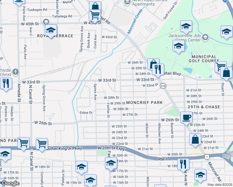 map of restaurants, bars, coffee shops, grocery stores, and more near 1722 West 31st Street in Jacksonville