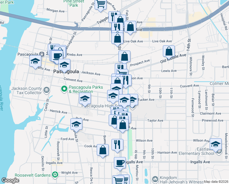 map of restaurants, bars, coffee shops, grocery stores, and more near 1504 School Ave in Pascagoula