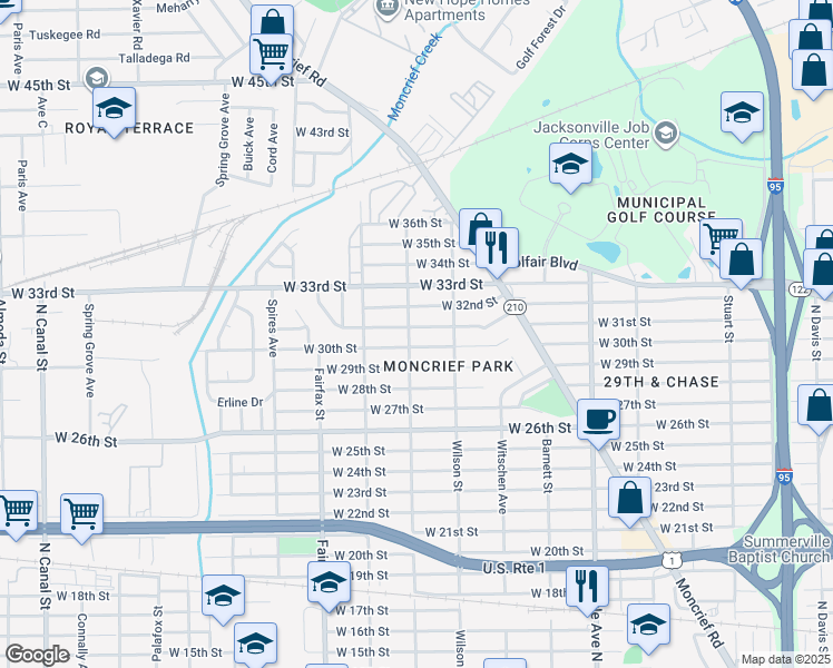 map of restaurants, bars, coffee shops, grocery stores, and more near 1581 West 30th Street in Jacksonville