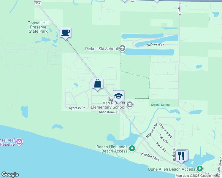 map of restaurants, bars, coffee shops, grocery stores, and more near 6904 West County Highway 30A in Santa Rosa Beach